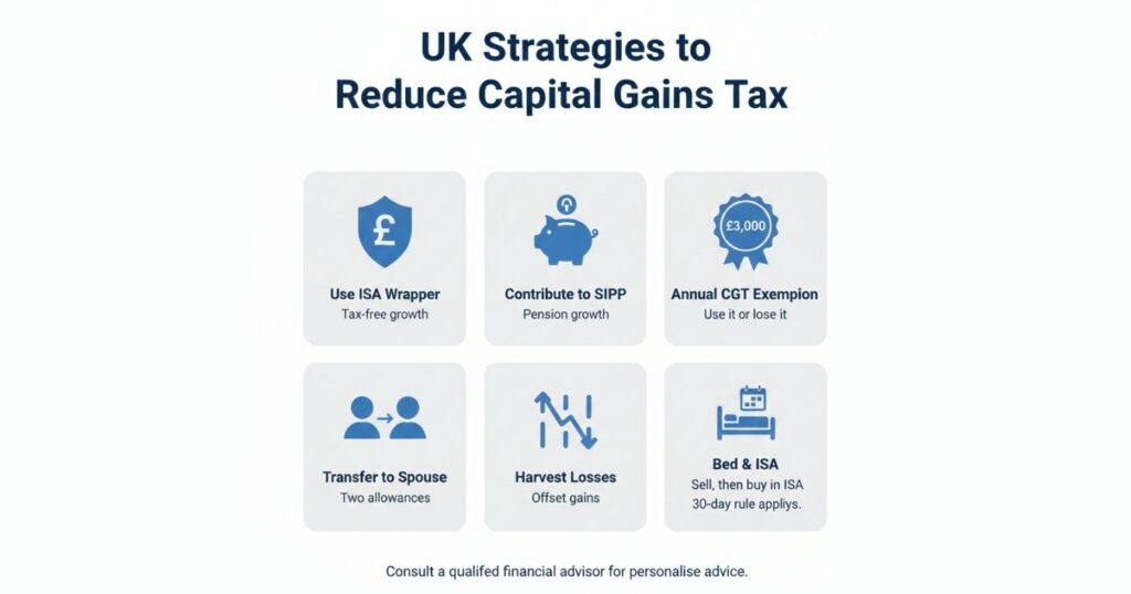 Infographic showing legal ways to reduce capital gains tax on shares, including ISAs, pensions, spouse transfers, and loss harvesting.