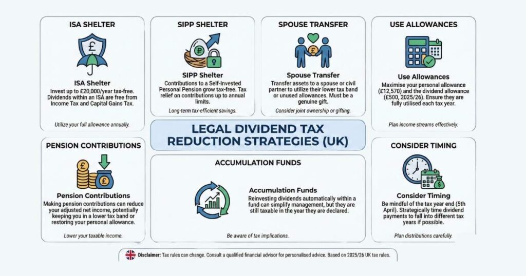 Step-by-step graphic explaining how to calculate dividend tax in the UK using allowances and tax bands.