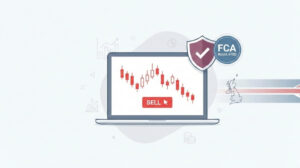 UK-themed hero illustration of a trading screen with a falling share price chart and a sell button, representing shorting a stock in the UK.