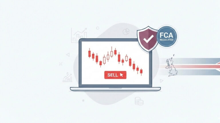 UK-themed hero illustration of a trading screen with a falling share price chart and a sell button, representing shorting a stock in the UK.