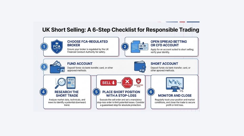 Step-by-step checklist infographic for shorting a stock in the UK, from choosing an FCA-regulated broker to placing a short trade with a stop-loss.