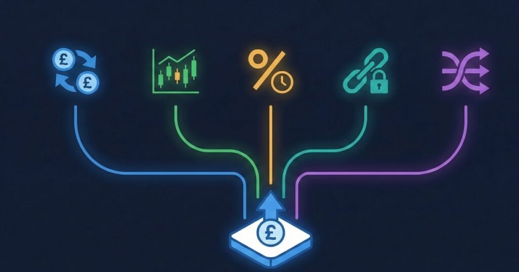 Infographic showing Trading 212 revenue streams including FX fees, CFDs, interest margin, and securities lending