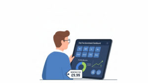 Illustration of a UK investor reviewing a flat-fee investment platform with ISA, SIPP, GIA, and a wide investment range.
