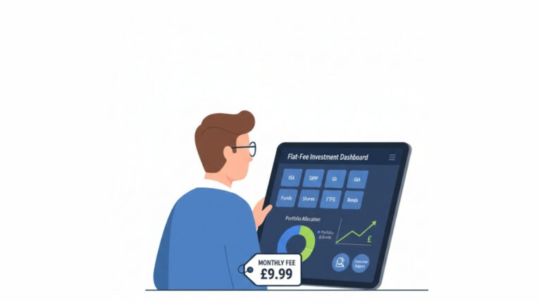 Illustration of a UK investor reviewing a flat-fee investment platform with ISA, SIPP, GIA, and a wide investment range.