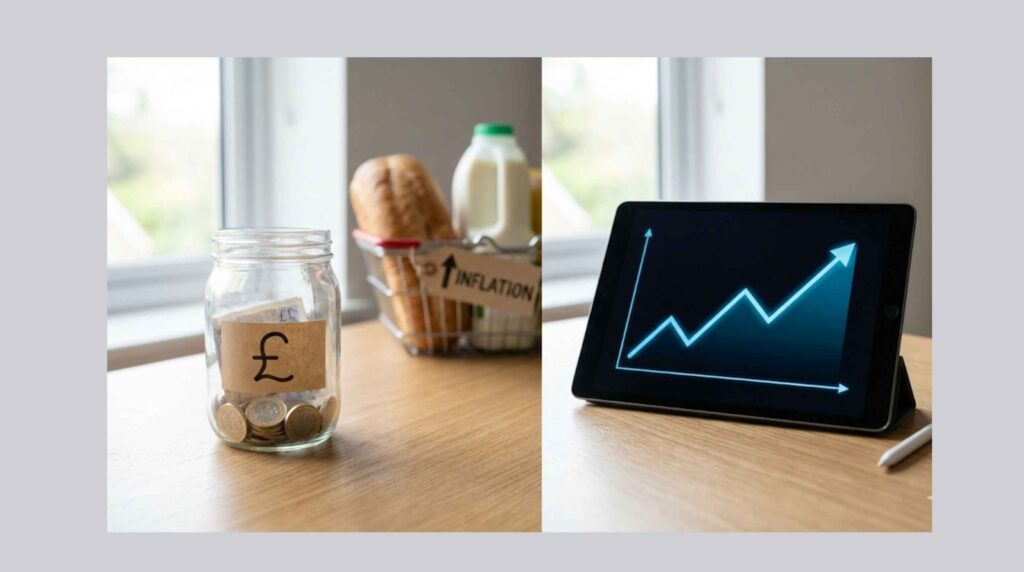 Split scene showing cash savings losing value to inflation and investments growing over time