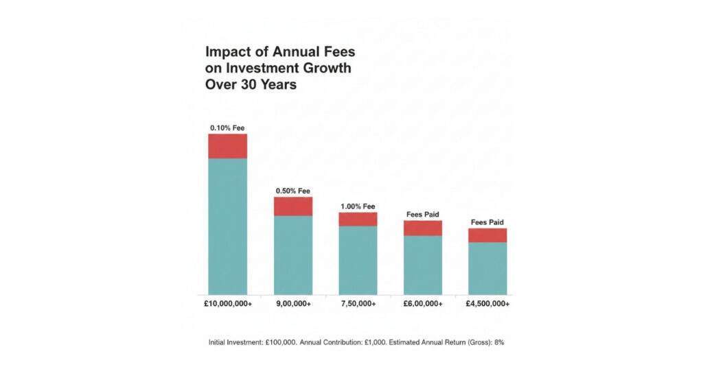 Chart showing how higher annual fees reduce final investment value over 30 years.
