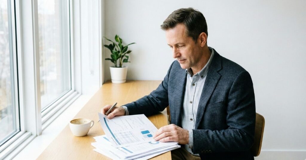 Investor reviewing UK dividend stock financial reports and yield data at desk