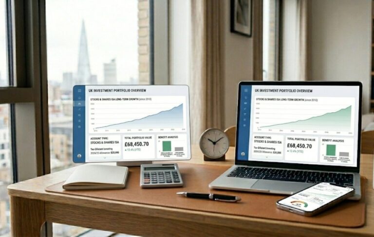 Featured image showing a Stocks and Shares ISA investment dashboard and long-term growth chart.
