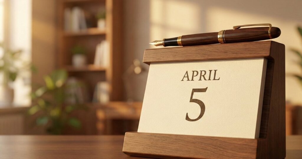 Desk calendar showing 5th April ISA allowance deadline with fountain pen