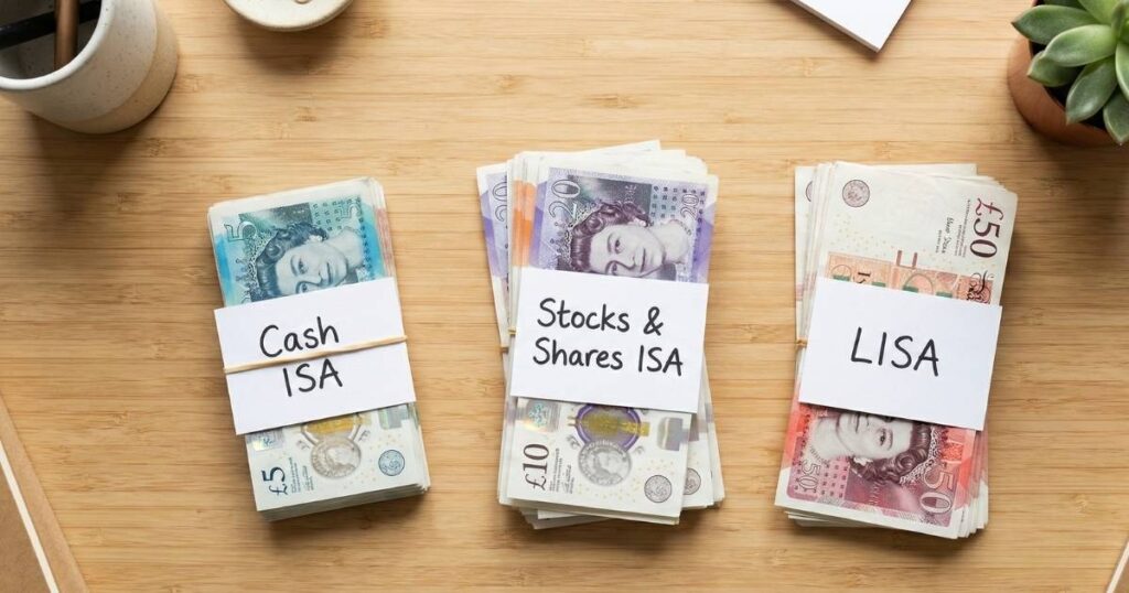 British banknotes split into three piles showing how to divide your ISA allowance between Cash ISA, Stocks and Shares ISA and Lifetime ISA