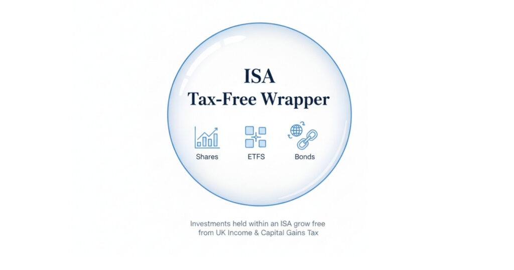 Diagram showing a Stocks and Shares ISA acting as a tax-free wrapper around investments like shares, funds, ETFs and bonds.