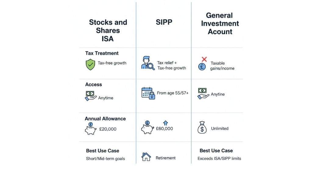 Comparison graphic showing the differences between a Stocks and Shares ISA, a SIPP, and a General Investment Account in the UK.