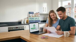 “Couple reviewing home-buying paperwork with a savings dashboard, representing Lifetime ISA rules