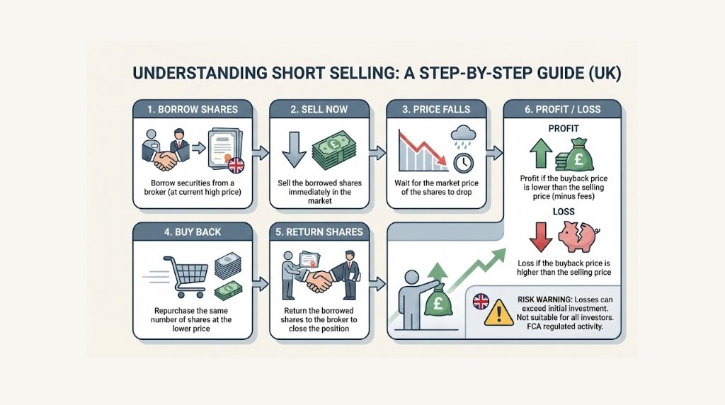 Infographic explaining short selling steps: sell first and buy back later, showing how profit occurs if the price falls.