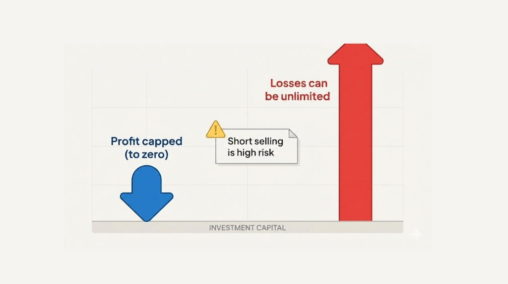 Risk diagram showing that short selling profits are capped but losses can be unlimited if the share price rises.