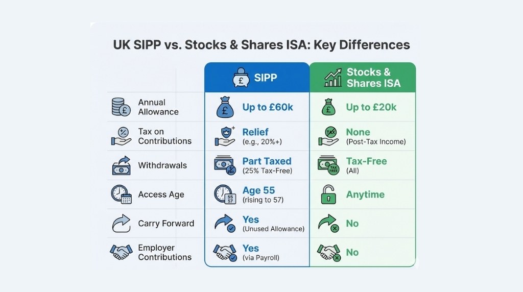 Infographic summarising key differences between a SIPP and a stocks and shares ISA, including allowances, access rules, and tax treatment.