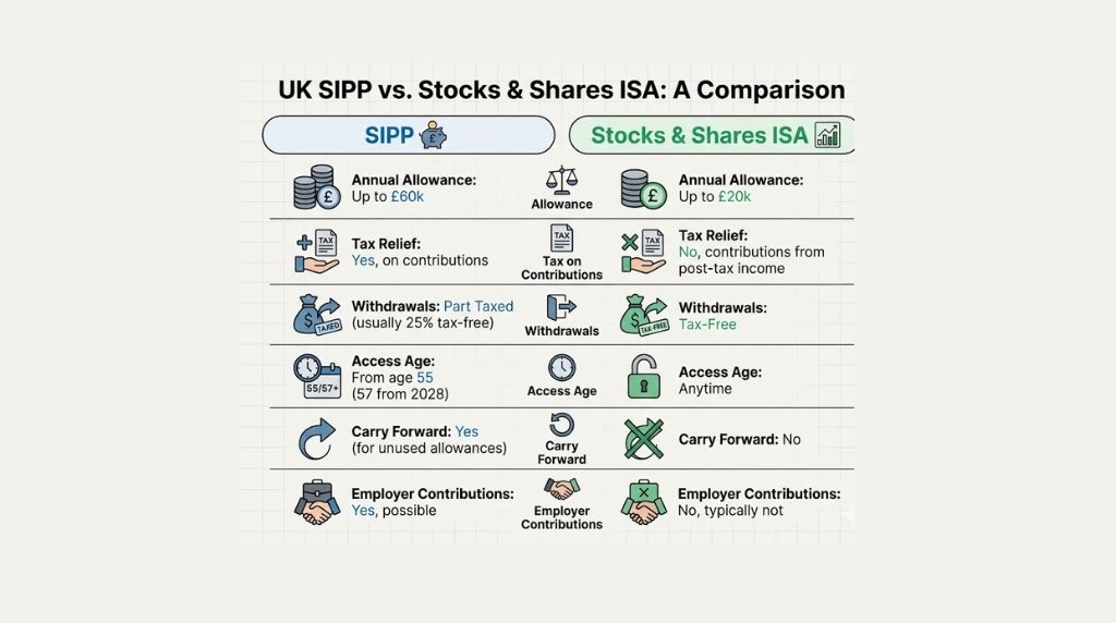 Bar chart comparing estimated 20-year outcomes for investing monthly via a SIPP versus an ISA, showing the SIPP outcome higher due to tax relief.