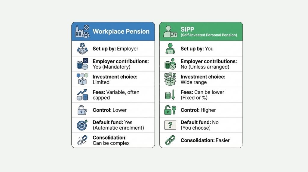 Comparison graphic showing differences between a workplace pension and a SIPP, including control, investment choice, and employer contributions.