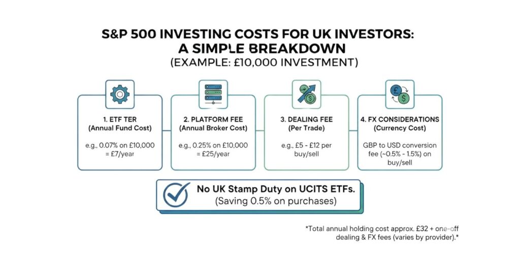 Graphic showing the main costs of investing in an S&P 500 ETF from the UK, including TER and platform fees.