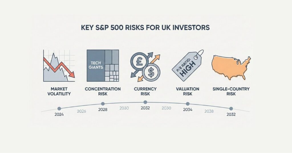 Illustration showing S&P 500 investing risks for UK investors, including volatility, concentration and currency movements.