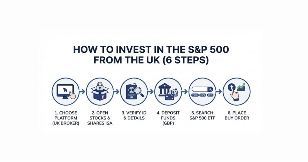Infographic showing the six steps for UK investors to buy an S&P 500 ETF using an ISA.