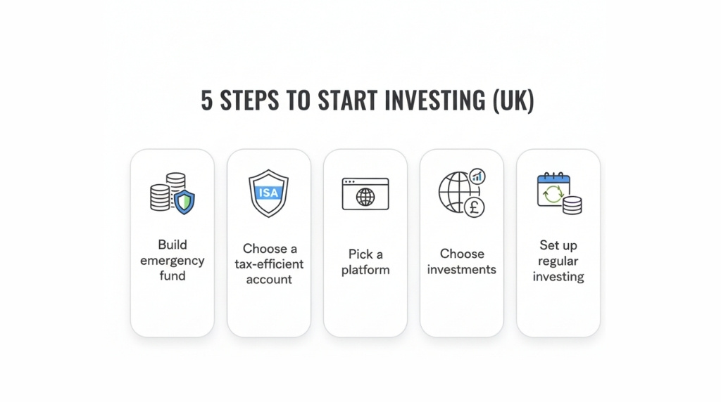 Infographic showing the main steps to start investing in the UK, from building an emergency fund to setting up monthly contributions.