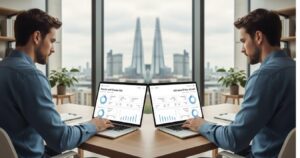 A UK investor reviewing a Stocks and Shares ISA portfolio on a laptop, showing fund and ETF holdings.