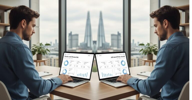 A UK investor reviewing a Stocks and Shares ISA portfolio on a laptop, showing fund and ETF holdings.