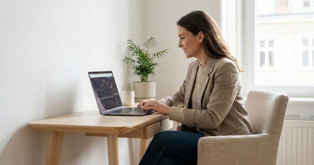 Woman reviewing stocks and shares ISA investment charts on laptop at home office desk