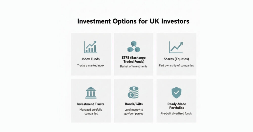 Infographic showing common investments you can hold in a Stocks and Shares ISA, including funds, ETFs, shares and bonds.