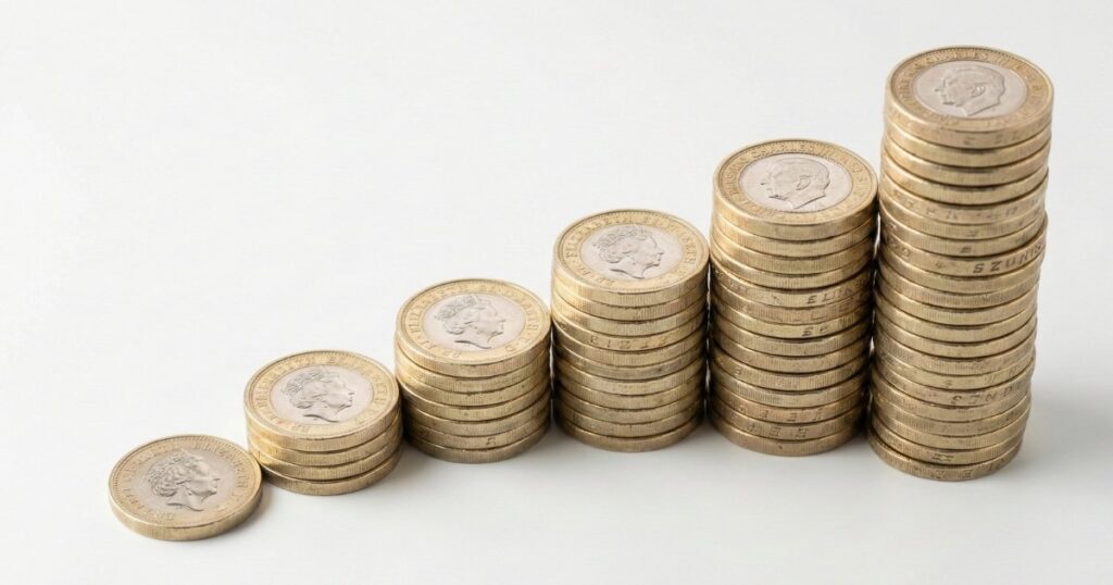 British pound coins stacked in growing columns representing long-term stocks and shares ISA growth