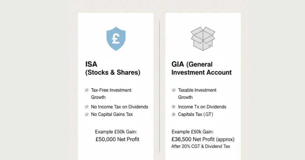 Comparison graphic showing how a Stocks and Shares ISA avoids capital gains and dividend tax compared with a general investment account.