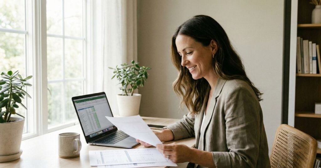 Woman reviewing tax-free stocks and shares ISA investment returns at home office desk