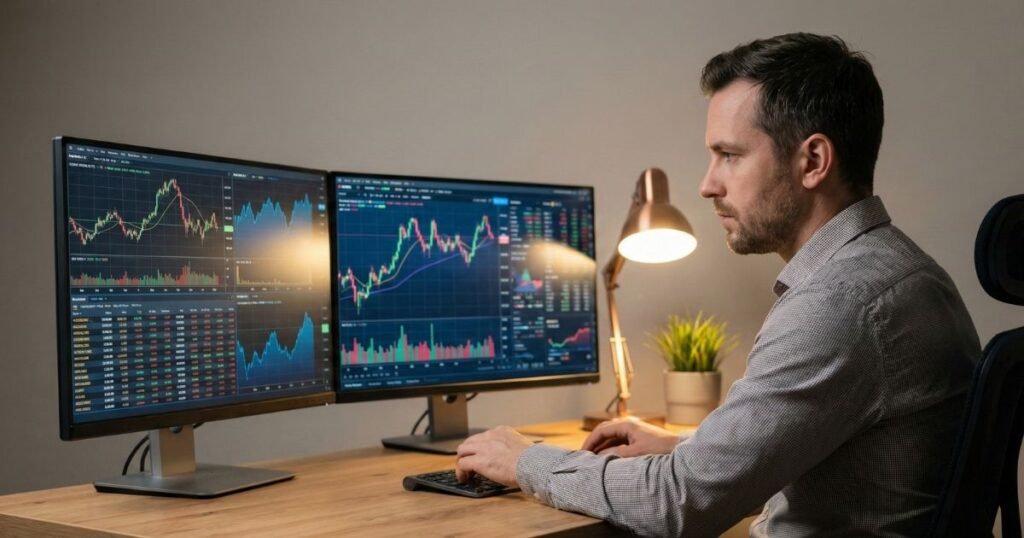 Investor monitoring global stocks and ETFs through Trading 212 stocks and shares ISA on desktop