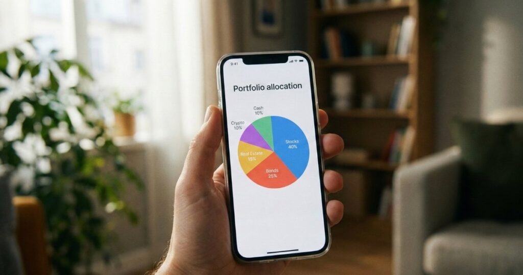 Smartphone showing portfolio pie chart allocation for Trading 212 AutoInvest ISA feature