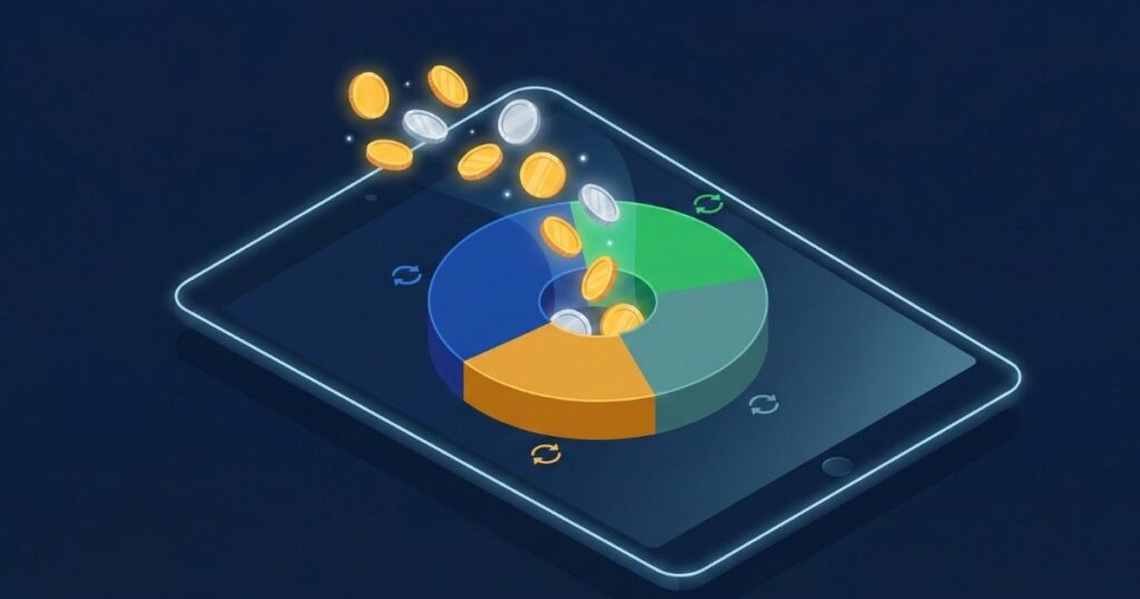 Illustration of a pie chart portfolio showing automated investment allocations across different asset types"