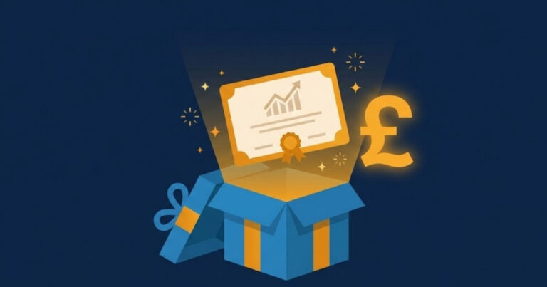 Trading 212 free share promotion showing a gift box with the Trading 212 logo and a £100 value badge