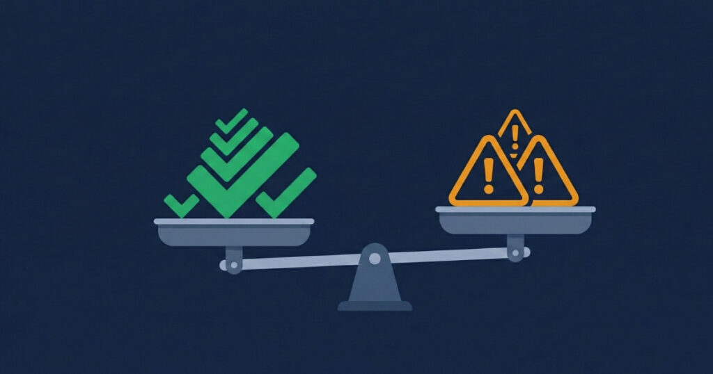 Illustration showing pros and cons with green checkmarks and amber warning triangles on a balanced scale"