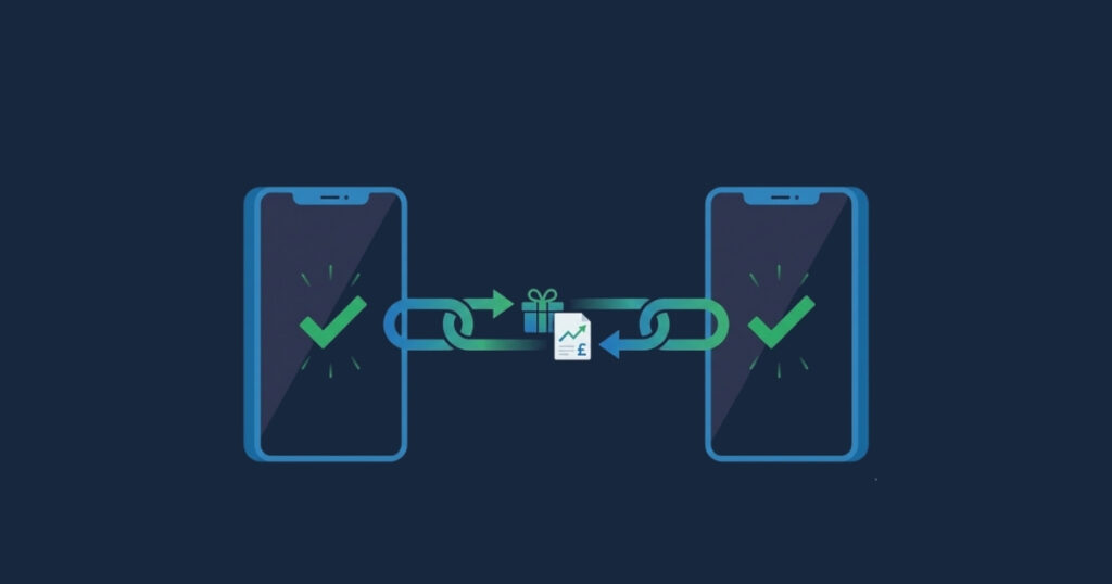 Illustration showing two people receiving free shares through the Trading 212 referral programme