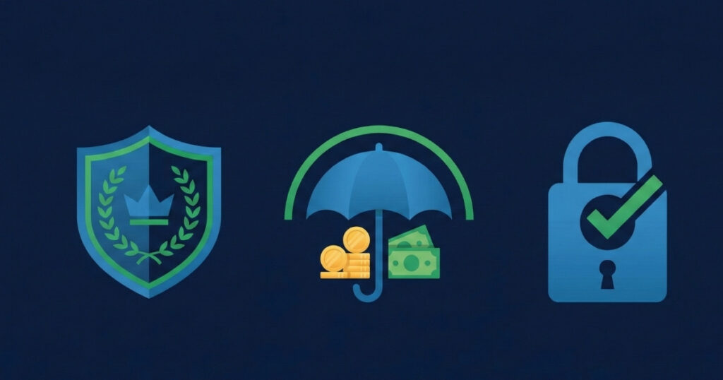 Safety illustration showing FCA regulation shield, FSCS protection badge, and padlock security icon"