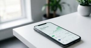 Smartphone displaying Trading 212 stocks and shares ISA portfolio on clean white desk