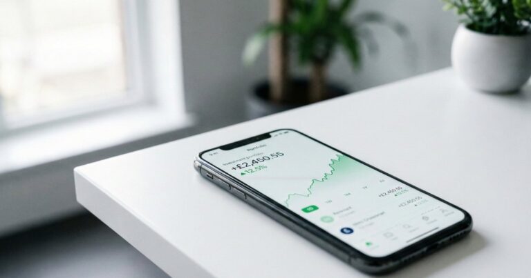 Smartphone displaying Trading 212 stocks and shares ISA portfolio on clean white desk