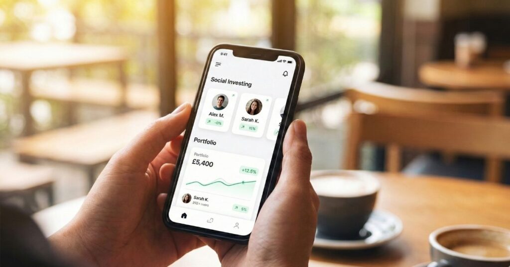 Woman comparing Trading 212 vs eToro ISA investment options at home kitchen table UK