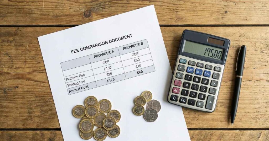 Trading 212 vs eToro fee comparison with British pound coins and calculator on wooden desk