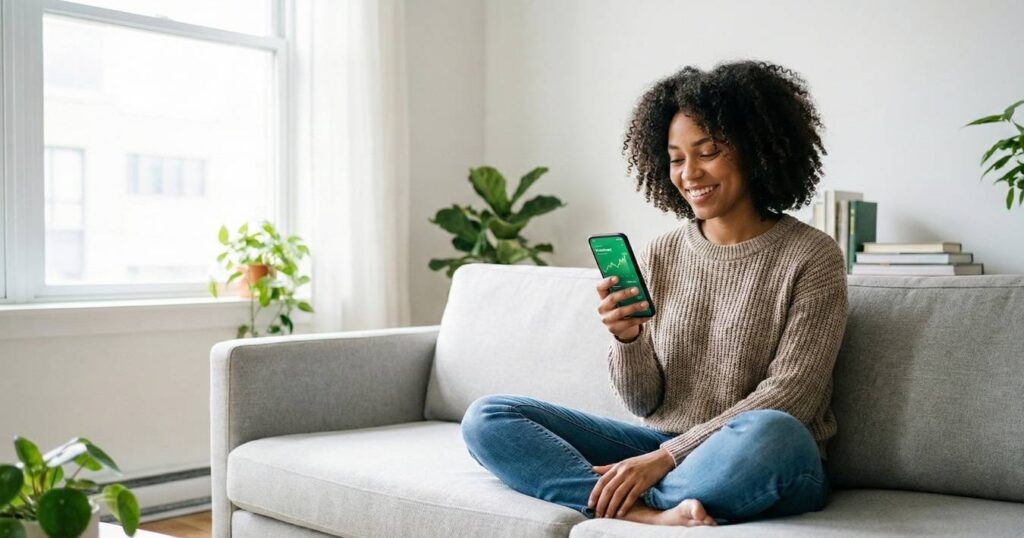 Woman using Trading 212 or Freetrade mobile app on smartphone at home UK