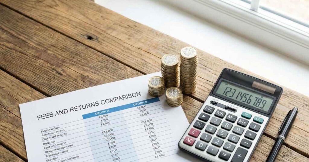 Trading 212 vs Freetrade fee comparison table with British pound coins and calculator on desk