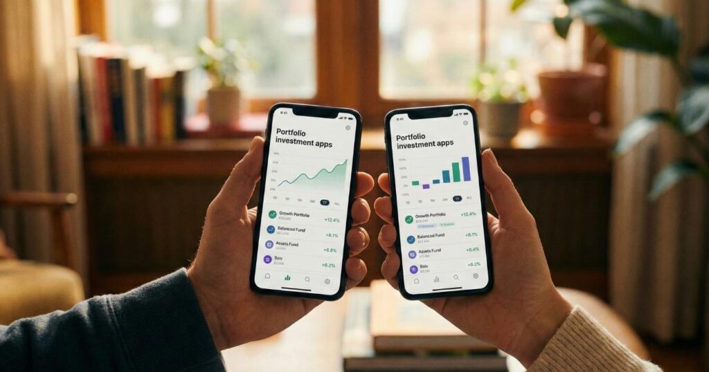 Two hands holding smartphones comparing Trading 212 vs Freetrade ISA portfolios UK