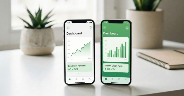 Two smartphones comparing Trading 212 vs Freetrade investment portfolios side by side on desk UK
