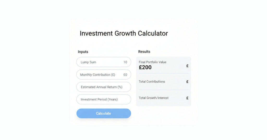Investment calculator interface with inputs for lump sum, monthly contributions, return rate, and time period.