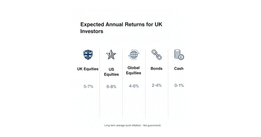 Graphic summarising typical long-term return ranges for equities, bonds, and cash for UK investors.